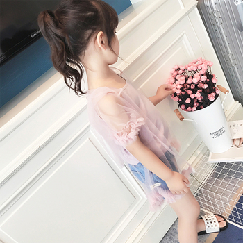 Нежна детска блуза за момичета - прозрачна с дантела, в бял и розов цвят