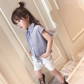 Стилна детска риза за момичета с къс ръкав на райе в син и розов цвят