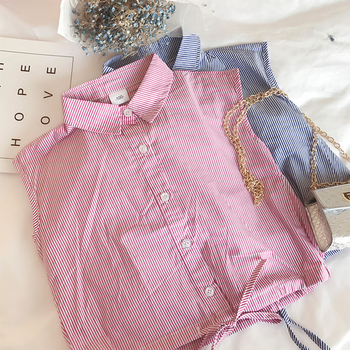 Стилна детска риза за момичета с къс ръкав на райе в син и розов цвят