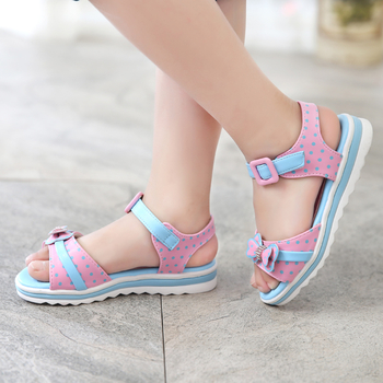 Сладки сандали за момичета в розов, бял, цикламен и син цвят с панделка