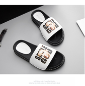 Гумени дамски чехли в бял и черен цвят с картинка и надпис