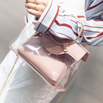 Стилна дамска чанта с два вида дръжки - метална халка и дълга метална дръжка