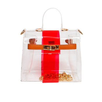 Модерна прозрачна чанта за дамите с цветна лента и метална дръжка