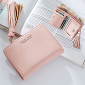 Мини дамски портфейл с пискюл в семпъл модел в шест цвята