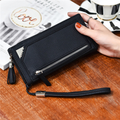 Красив дамски портфейл с дръжка и пискюл в пет цвята