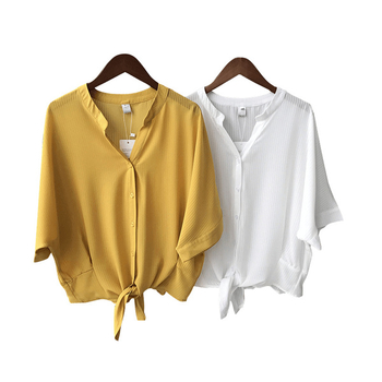Красива дамска риза в интересен модел с 3/4 ръкави в жълт и бял цвят