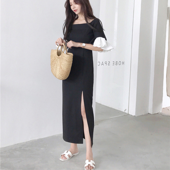 Стилна дълга дамска рокля по тялото с 3/4 ръкав в черен цвят