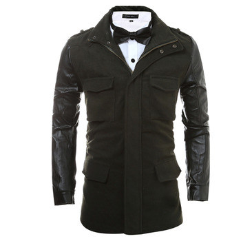 Много стилно и дълго мъжко палто с кожени ръкави и джобове в три цвята