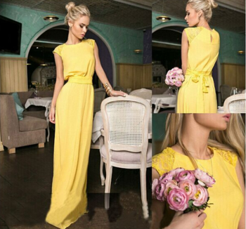  Γυναικείο φόρεμα με δαντελωτά μανίκια και κίτρινη ζώνη
