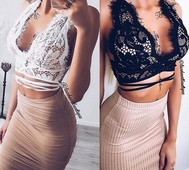 Много интересен и стилен дамски дантелен потник в черен и бял цвят