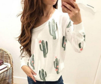 Ежедневна дамска блуза с паднало рамо и изображения на кактус