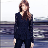 Стилна дамска блуза с дълъг ръкав и ажурна дантела в черен и тъмносин цвят