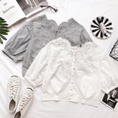 Ежедневна дамска риза с 3/4 ръкави и дантела в сив и бял цвят