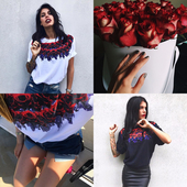 Κομψή γυναικεία μπλούζα σε λευκό και μαύρο με τριαντάφυλλα