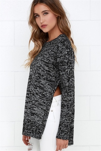 Дълъг пуловер за дамите в сив цвят с цепка и О-образно деколте