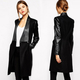 Много стилно и дълго дамско палто с кожени елементи в черен цвят