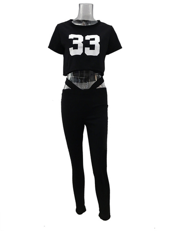 Дамски спортен екип - клин + къса тениска, в черен цвят