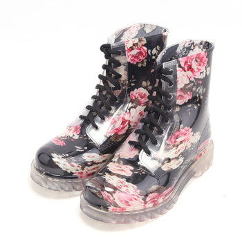 Γυναικείες μπότες από καουτσούκ με floral μοτίβο με δεσμούς σε δύο χρώματα