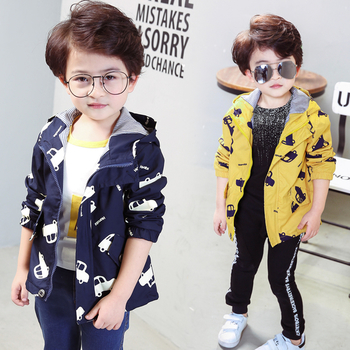 Παιδικό μπουφάν για το φθινοπώρο για αγόρια με εικόνες και κουκούλα σε μπλε και κίτρινο