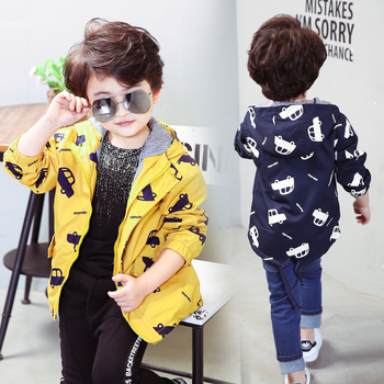 Есенно детско яке за момчета с изображения и качулка, в син и жълт цвят