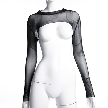 Стилна прозрачна дамска блуза с дълги ръкави и много къса дължина - над гърдите