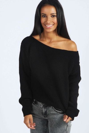Πλεκτό και ζεστό γυναικείο  πουλόβερ  σε γκρι και μαύρο με πεσμένο ώμο