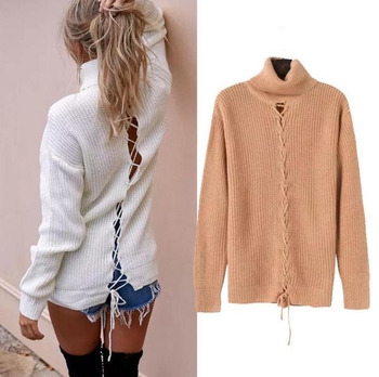 Γυναικείο casual και μαλακό πουλόβερ με μισό γιακά και ενδιαφέρουσες κομψές διασταυρώσεις σε όλο το μήκος της πλάτης