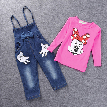 Стилен детски комплект за момичета - дънки + блуза с изображения, в няколко цвята