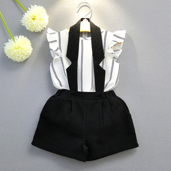 Κομψό παιδικό κοστούμι - πουκάμισο κοντό μανίκι με πέπλο και μαύρο παντελόνι