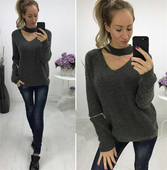 Дамски ежедневен пуловер с декоративни ципове по ръкавите и О-образна яка