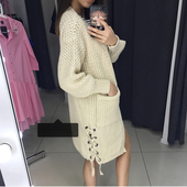 Μοντέρνα γυναικεία  μακρύ ζακέτα  ενδιαφέρουσες σταυροί δεσμοί και βαθιές τσέπες