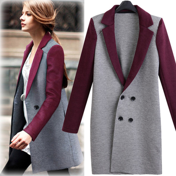 Елегантно дамски палто в сив цвят с цветна яка и ръкави