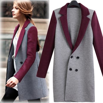 Елегантно дамски палто в сив цвят с цветна яка и ръкави