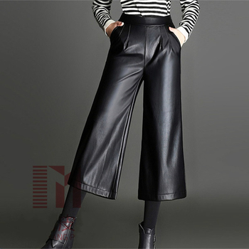 Елегантен ретро кожен панталон за дамите - 7/8, в черен цвят