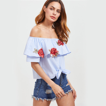Γυναικείο πουκάμισο με floral κεντήματα και πεσμένους ώμους