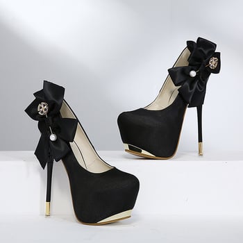 Изключително модерни и супер стилни дамски обувки на висок ток с равна висока платформа и много красива панделка 