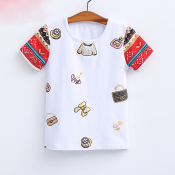 Стилна детска тениска за момичета с изображения и цветни ръкави, подходяща за ежедневие