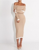 Μακρύ επίσημο γυναικείο φόρεμα ς με γυμνό ώμο και μακρύ μανίκι - 3 σχέδια