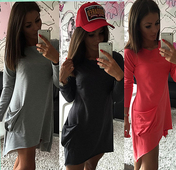 Καθημερινό γυναικείο φόρεμα σε τρία διαφορετικά χρώματα με κολάρο σε σχήμα O και ενδιαφέρουσες τσέπες