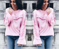 Πολύ ενδιαφέρουσα γυναικεία μπλούζα με κολάρο σε σχήμα O και μακρύ φαρδύ μανίκι