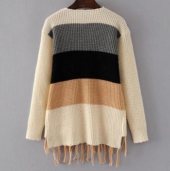 Модерен и стилен дамски пуловер в преливащи цветове с О-образна яка и интересни реснички 