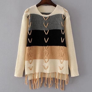 Модерен и стилен дамски пуловер в преливащи цветове с О-образна яка и интересни реснички 