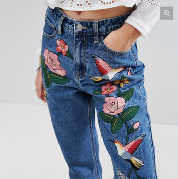 ХИТ! Дамски дънкови панталони с висока талия и уникално красива шарена бродерия на цветчета