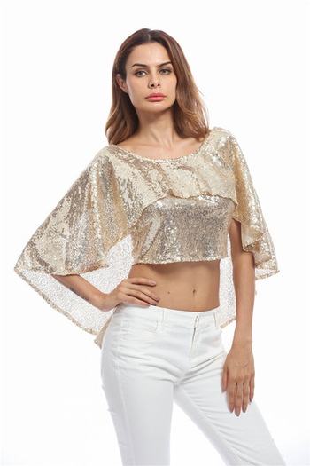 Γυαλιστερή κοντή γυναικεία μπλούζα με φαρδιά μανίκια σε δύο χρώματα