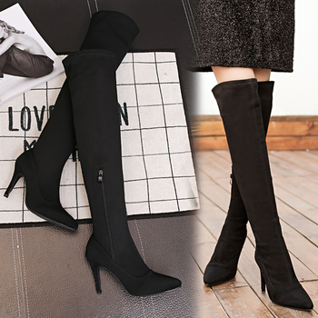 Елегантни и дълги дамски ботуши в черен цвят на ток 