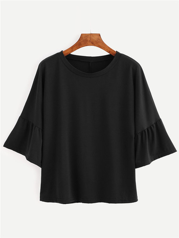 Стилна дамска блуза с 3/4 къдрави ръкави в черен цвят