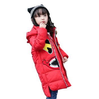Παιδικό μακρύ χειμωνιάτικο μπουφάν  για τα κορίτσια με κουκούλα και ενδιαφέρουσα εικόνα σε τέσσερα χρώματα