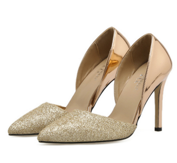 Дамски обувки на висок ток в златист и сребрист цвят с лъскаво повърхностно покритие