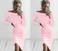 Πολύ κομψό γυναικείο φόρεμα με μακρύ μανίκι και συμμετρικό κάτω μέρος + πεσμένο ώμο