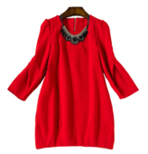 Стилна дамска рокля с дълъг ръкав и О-образна яка с орнаменти